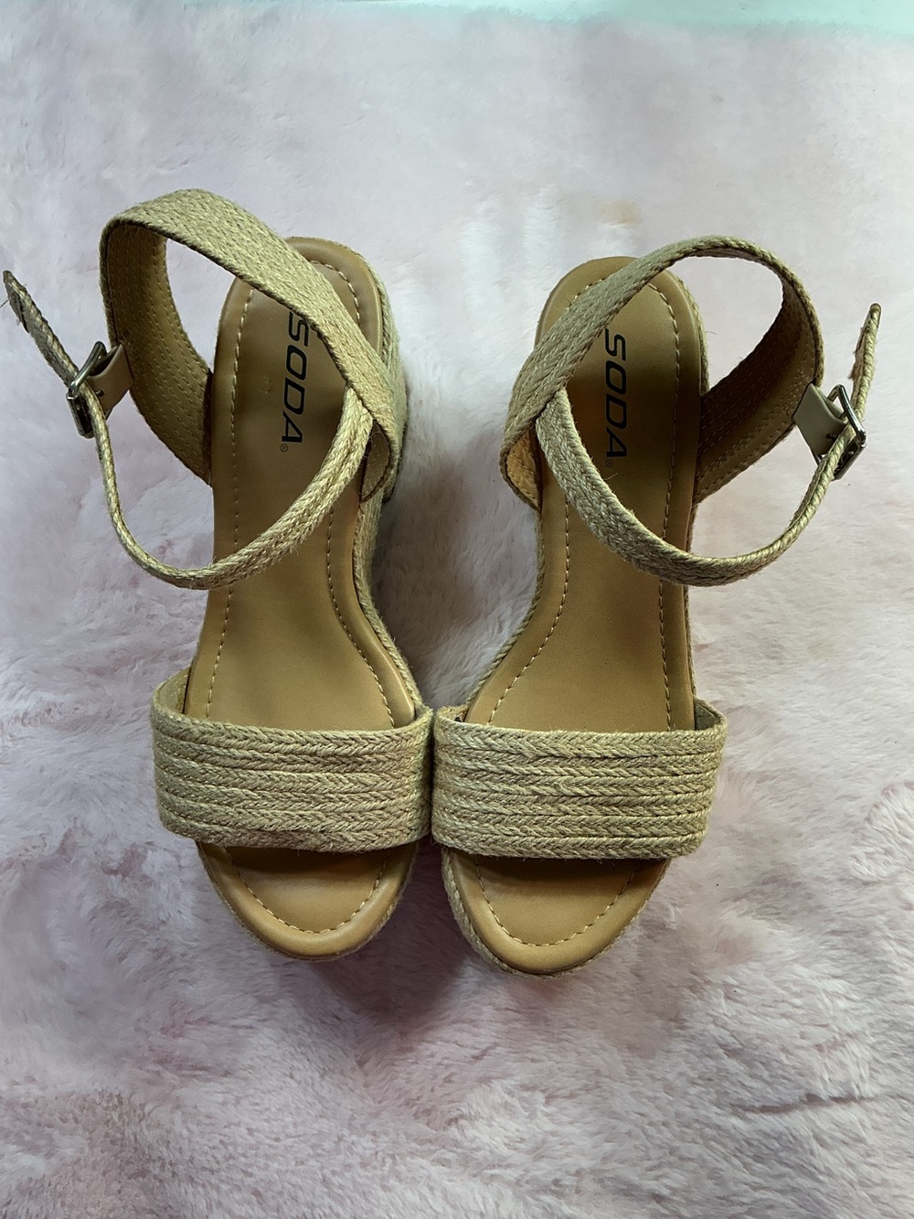 Soda Beige Braided Wedge Sandals with Ankle Strap c126
